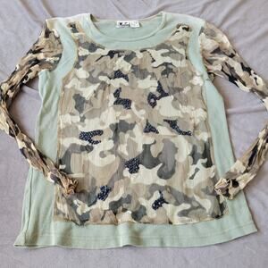 Sheer Camo Blouse Womens Medium Long Sleeve Shirt Sequin Comfort Stretch Lettuce